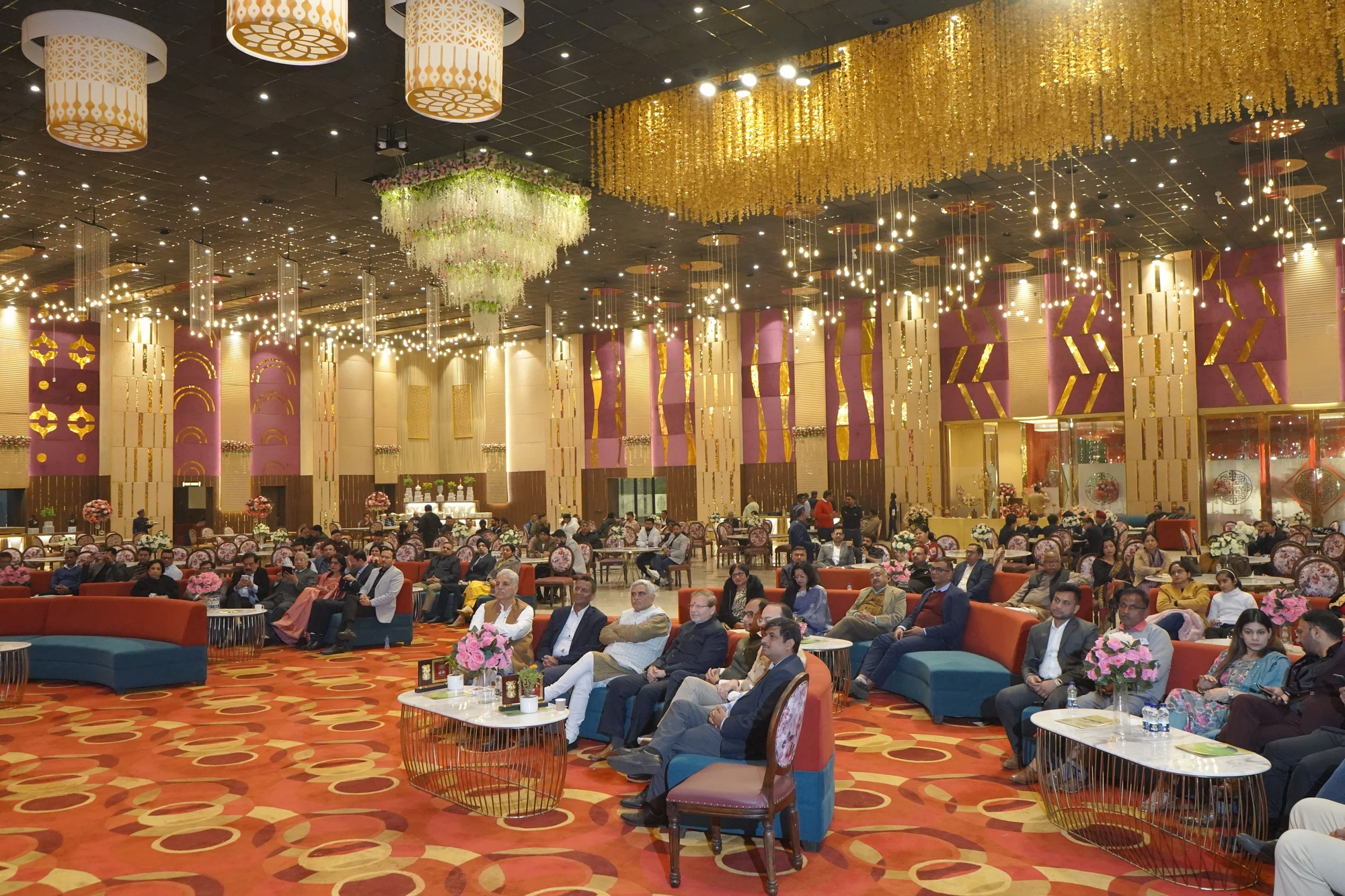 Grand ballroom corporate event decor and seating arrangement by Global Events, Rohtak